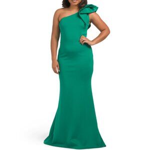 BETSY & ADAM Green One Shoulder Bow Gown